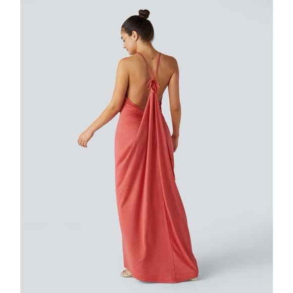 NEW Halara V Neck Tie Back Ruched Maxi Slip Dress Size XL Casual Comfort Resort - Picture 1 of 14